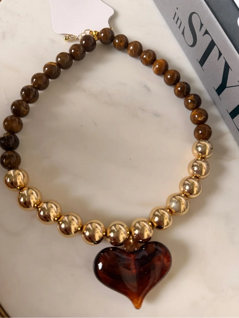 Gold Beaded Necklace with Brown Heart Pendant